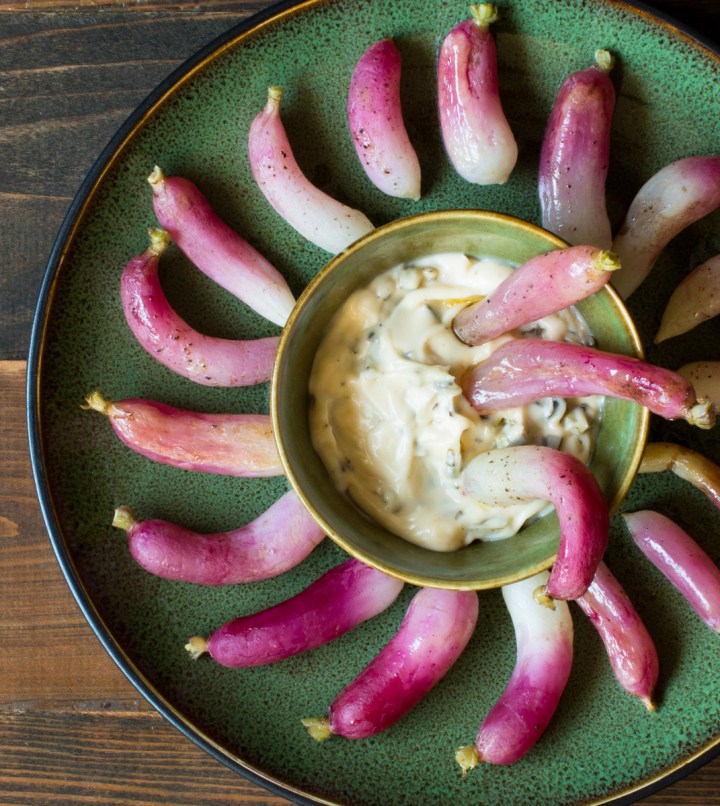 Rob's baked radishes with roasted scallion and garlic aioli lr-7551-3