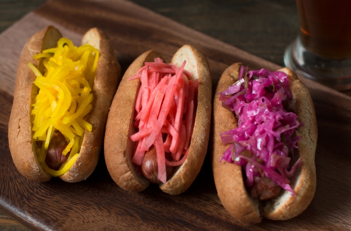Hot dogs with lacto-fermented pickles three ways lr-8374